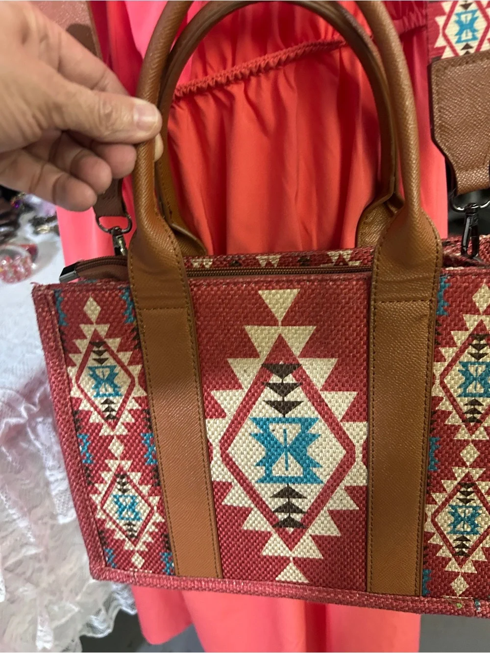 2 Red Aztec-Pattern Crossbody Tote Bags with Removable Strap and bag charm